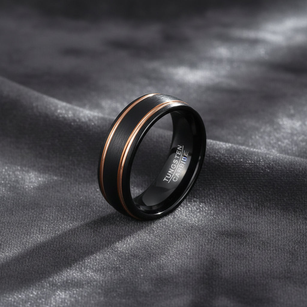 Black tungsten carbide ring with rose gold inlay on a white background